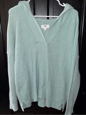 aerie Light Mint V-Neck Hooded Waffle Knit Sweater